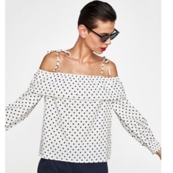 Zara Off Shoulder Linen Blend Polka Dot Top Xs - Picture 1 of 4